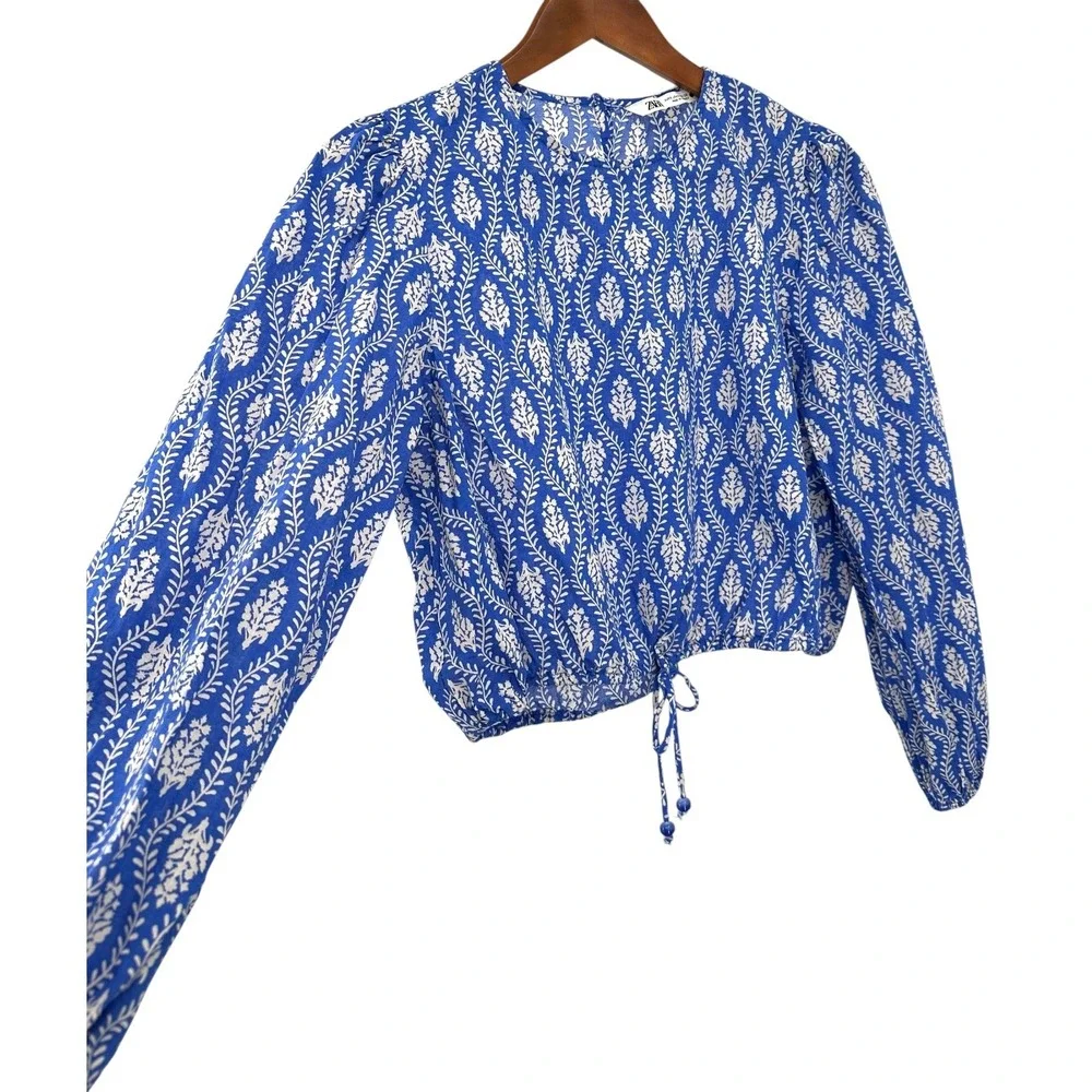 ZARA Oversized Crop Top Blue Cotton Drawstring Long Ballon Sleeves Women's Small